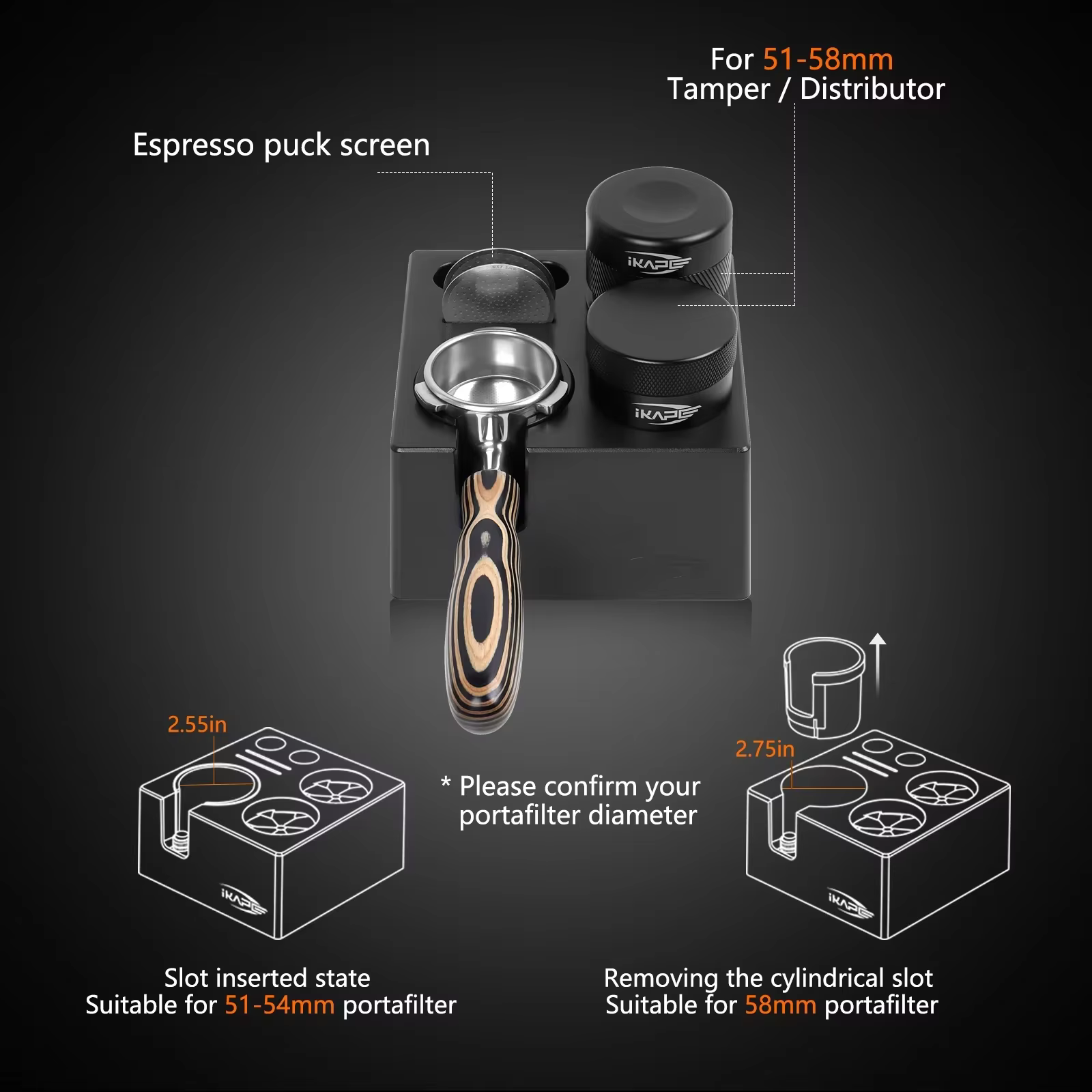 IKAPE Boîte à Expresso 7-en-1 51/54/58MM, Organisateur de Rangement pour Accessoires de Café, Boîte à Outils Universelle pour Bar à Expresso Noir/Blanc
