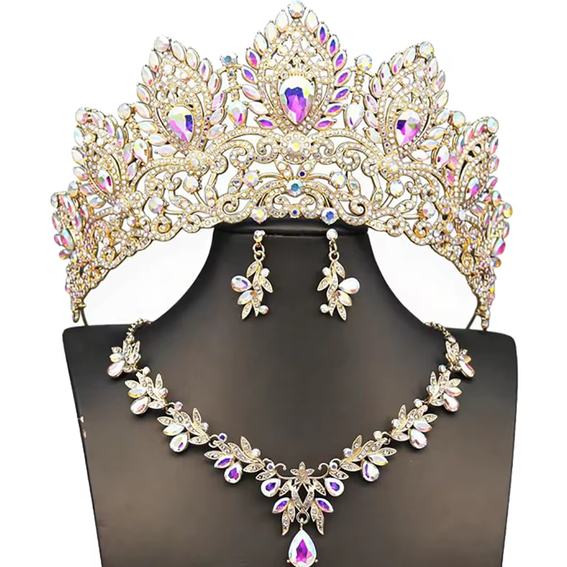 Parures de bijoux de mariée de luxe pour femmes : collier, boucles d'oreilles et couronne de princesse, accessoires de costume