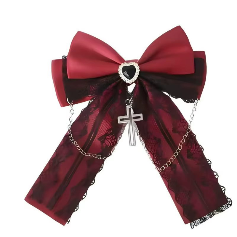 Barrette Gothique en Tissu avec Nœud, Dentelle et Chaîne Croisée, Accessoire Cheveux Vintage Romantique pour Femmes, Filles et Cosplay