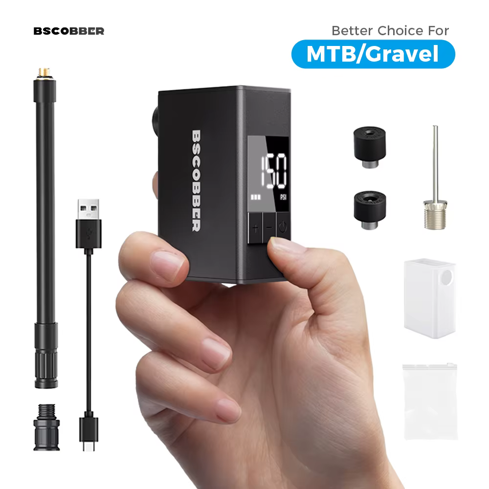 BSCOBBER Mini compresseur d'air pompe de cyclisme pour pneus de VTT gonfleur de pneu de vélo Portable avec jauge numérique 150PSI gravier