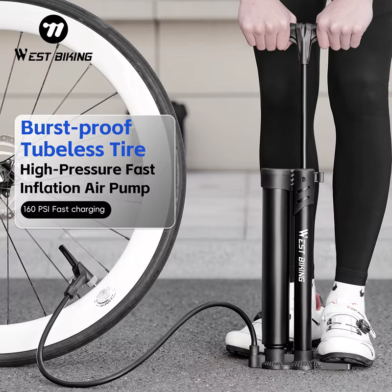 Pompe à vélo WEST BIKING, pompe à air portable à double tube haute pression, gonflage rapide, pompe à air avec manomètre, pompe à air pour VTT et vélo de route